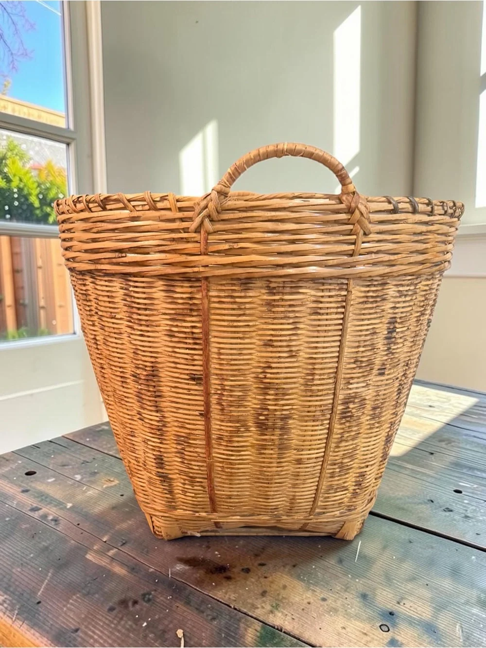 Vintage 1980’s Woven Split Bamboo & Rattan Basket 13” Tall